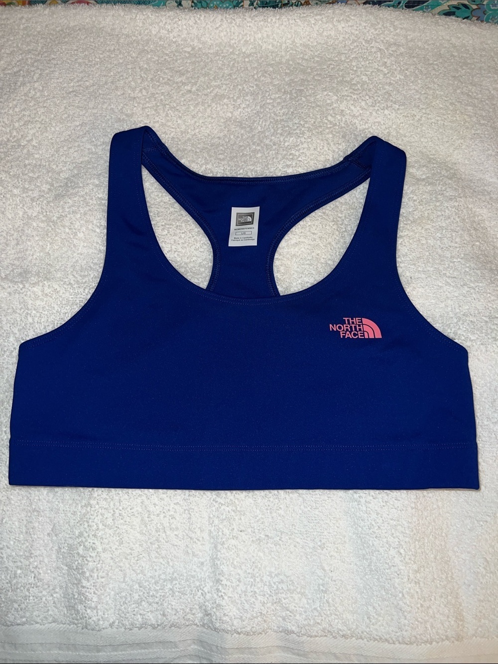 The North Face Royal Blue Racerback Sports Bra with Pink Logo